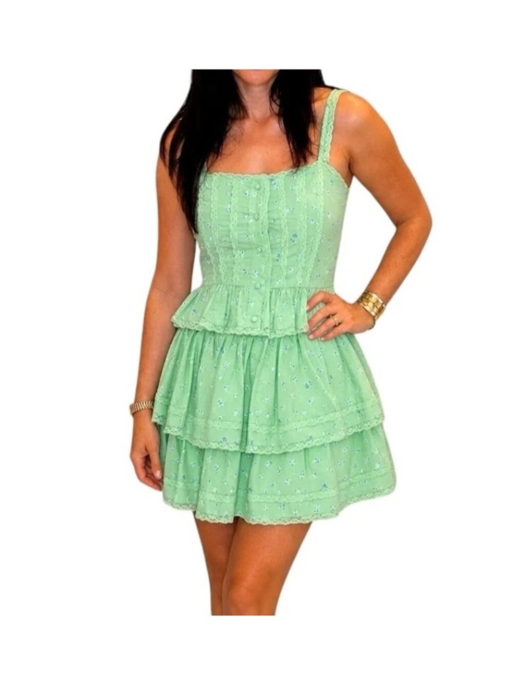 MABLE 2-PC Floral Print Lace Trim Peplum Top & Mini Skirt Set Green